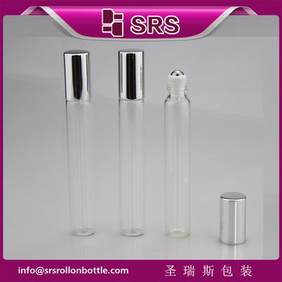 সিলভার অ্যালুমিনিয়াম ক্যাপ সহ SRS 10ml স্বচ্ছ রঙের গ্লাস রোলার বল বোতল