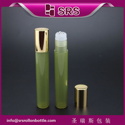 কসমেটিক বিলাসিতা 15ml সবুজ রঙের প্লাস্টিকের বোতল উপর তিন ইস্পাত বল রোল